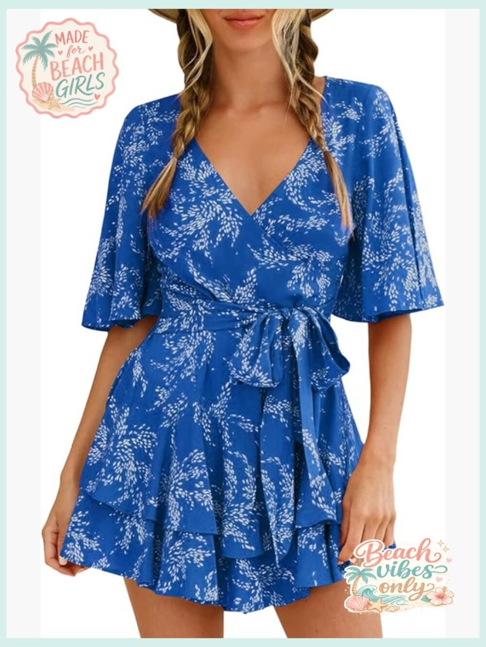 Short Flared Sleeve Romper V Neck Floral Print Jumpsuit Waist Tie Layer Ruffle